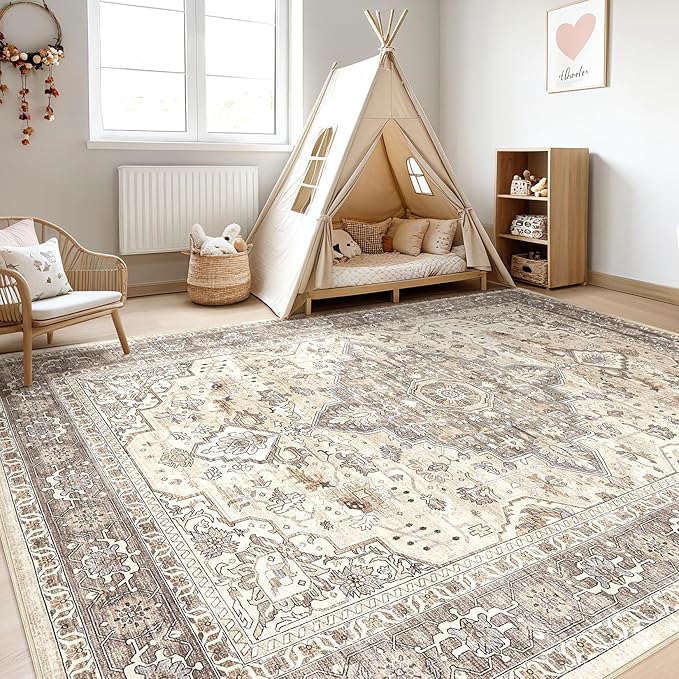 6x9 Area Rugs Living Room: Washable Boho Large Neutral Vintage Soft Rug Stain Resistant Farmhouse Non Slip Indoor Floor Carpet for Bedroom Nursery Kids Playroom Office Dining Room- Beige Brown