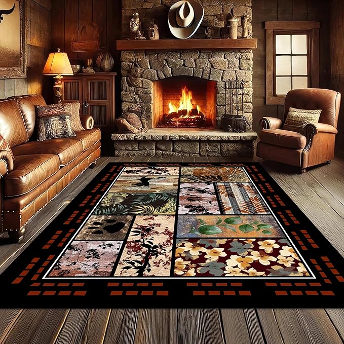 Rustic Cabin Area Rug 7x9ft, Animal & Moroccan Plaid Pattern Vintage Boho Carpet, Stain-Resistant Pet-Friendly & Non-Slip Low Pile for Living Room, Bedroom, Dining Room