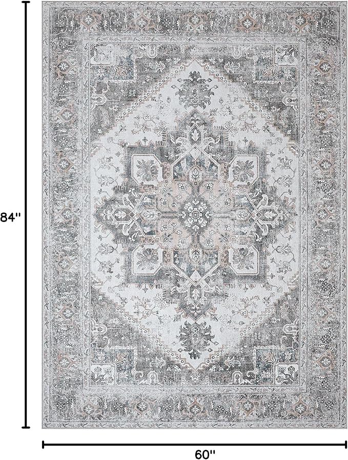 Bavni Area Rug 5x7 for Living Room Bedroom Dining Room, Boho Tribal Machine Washable Rug Print Vintage Aesthetic Gray Carpet, Floor Cover, Low Pile Lightweight Non Slip