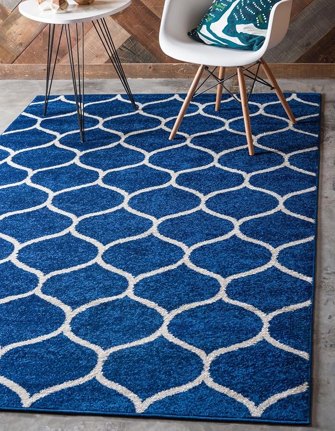 Rugs.com Lattice Frieze Collection Rug – 4' x 6' Navy Blue Medium Rug Perfect for Living Rooms, Large Dining Rooms, Open Floorplans