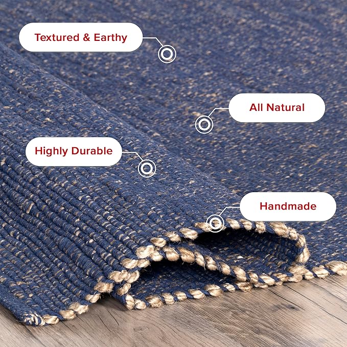 nuLOOM 3x5 Elfriede Jute & Cotton Hand Woven Area Rug, Blue, Solid Rustic Farmhouse Style, Weaved Design, Natural Fiber, For Bedroom, Living Room, Dining Room, Hallway, Office, Entryway