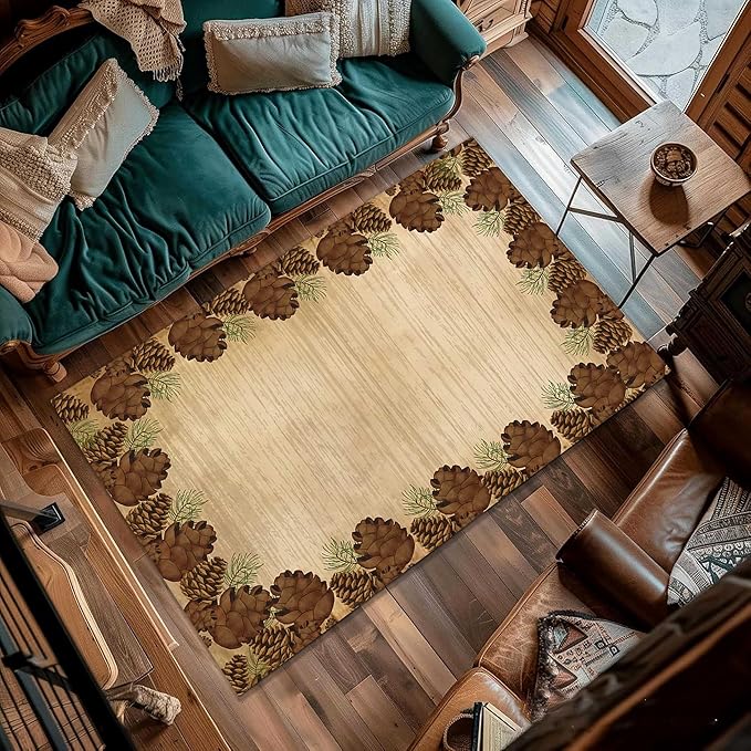 Rustic Lodge Brown Area Rug 3x4ft Pine Cone Leaf Botanical Print Home Decor Non Slip Washable Rug Pine Cones Area Rug Low Pile Thin Indoor Throw Carpet Rug for Laundry Dining Room Office