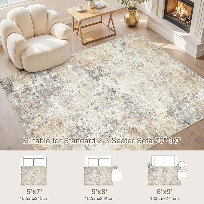 6x9 Area Rug Living Room Rugs - Washable Neutral Modern Abstract Soft Thin Large Rug Indoor Floor No Slip Rug Carpet for Bedroom Under Dining Table Home Office Decor - Golden Grey