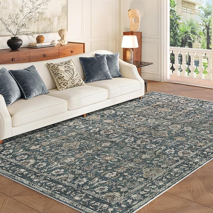 5X7 Area Rugs for Living Room, Soft Rugs Blue Washable Rug, Indoor Vintage Rugs for Bedroom Home Office Laundry, Rubber Backed Non Slip Low Pile Carpet, Deep Blue