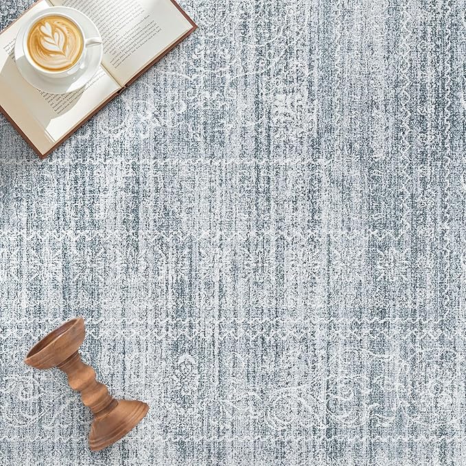 10x14 Area Rugs Living Room: Washable Large Vintage Blue Rug Neutral Non-Slip Soft Stain Resistant Indoor Carpet for Bedroom Nursery Dining Room Under Table Bed Home House Office Playroom