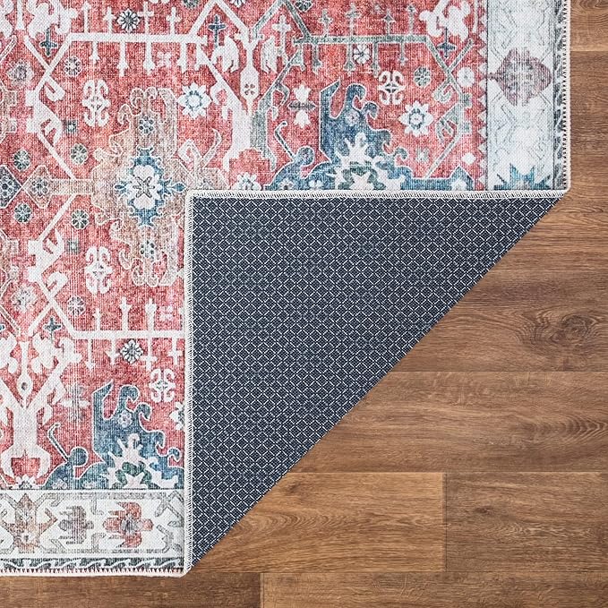 Bloom Rugs Washable Non-Slip 4' x 6' Rug - Red/Blue Traditional Area Rug for Living Room, Bedroom, Dining Room, and Kitchen - Exact Size: 4' x 6'