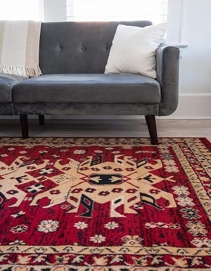 Unique Loom Taftan Collection Border Geometric Tribal Inspired Design Area Rug (7' 0 x 10' 0 Rectangular, Red/ Gold)