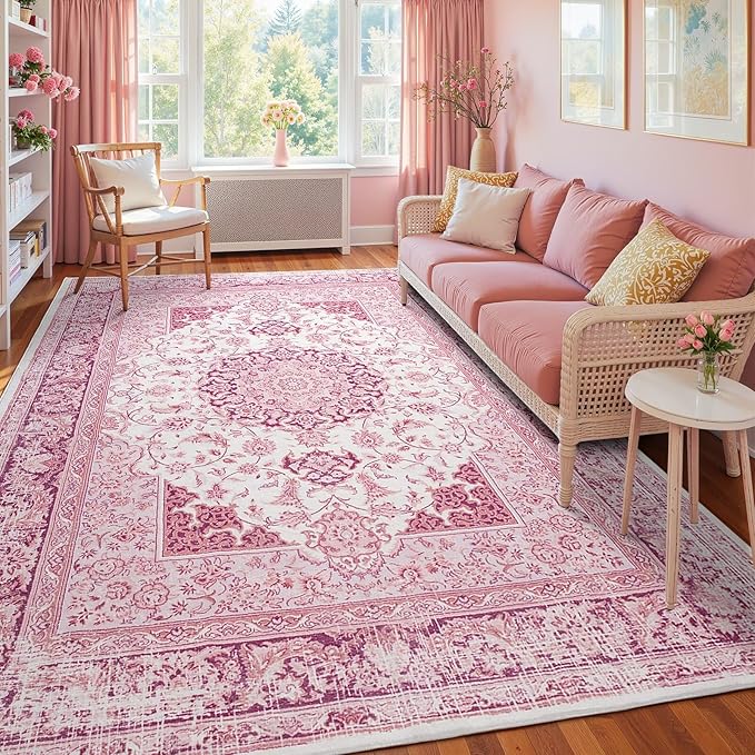 Bright Pink Area Rug for Living Room, 8x10 Machine Washable Rugs with Non-Slip Backing for Girls Bedroom, Large Vintage Carpet for Kitchen Laundry Kids Room