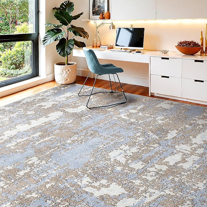 WITSHOCK Abstract 9x12 Rugsfor Living Room: Blue Brown Rugs for Bedroom Aesthetic, Dining Room Under Kitchen Table, Washable Soft Non Slip Large Area Eclectic Unique Décor