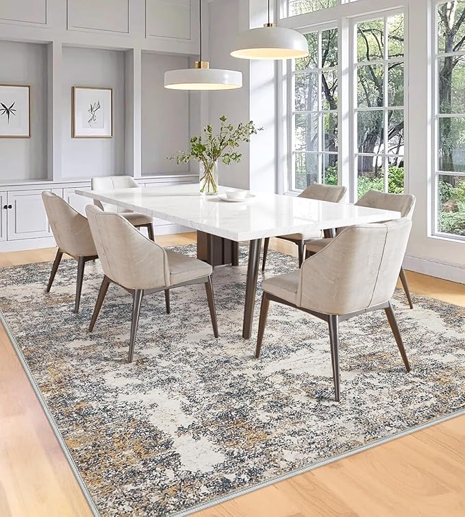 8x10 Area Rugs Machine Washable - Modern Abstract Large Rugs for Living Room Soft Anti-Skid Thin Carpet for Bedroom, Under Dining Table, Nursery, Farmhouse,Home Office (8'x10' Tan Blue)