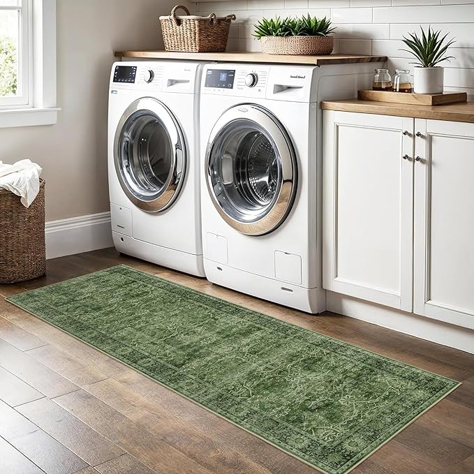 2x8 Runner Rug Green Vintage Washable Runner Rugs for Hallway Kitchen Low Pile Non-Slip Retro Distressed Accent Throw Carpet for Entryway Bathroom Bedroom Green