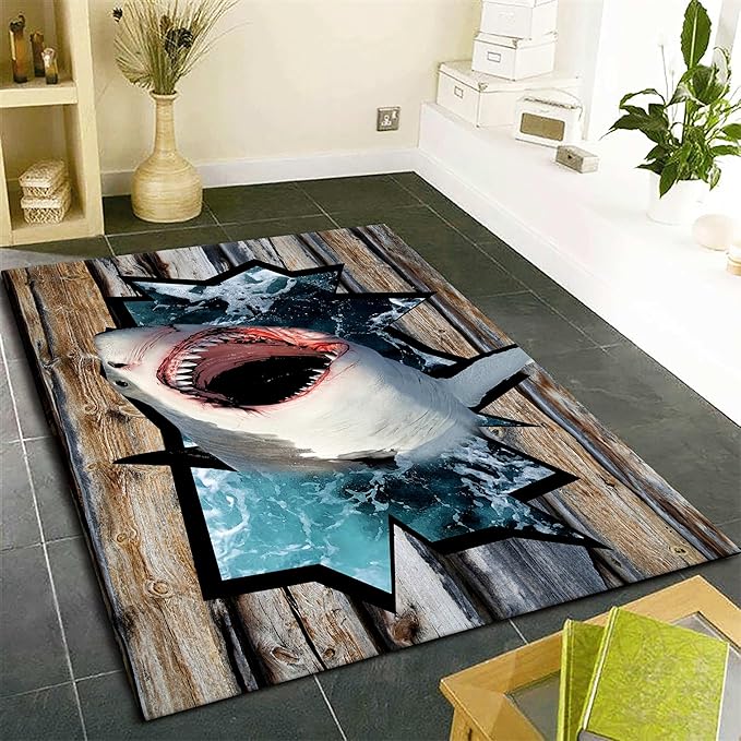 Sea Shark Kids Rugs, 4x5ft, Fierce Shark 3D Printed Carpet for Indoor, Marine Animals Broken Wooden Boards Realistic Effect Floor Mat, Dirty Resistant Machine Washable Carpets for Dorm