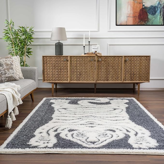 Hauteloom Tilos Moroccan Farmhouse Living Room Bedroom Nursery Shag Area Rug - Shaggy Carpet - Tiger Pattern - High Plush Pile - Dark Grey, Charcoal, Beige, Cream - 5'3" x 7'