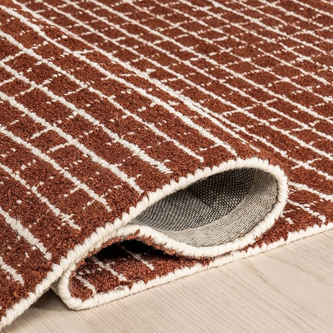 Rugs USA 8'6" x 11'6" Melrose Checked Wool Indoor Area Rug, Contemporary Farmhouse Chestnut/Ivory for Living Room, Bedroom, Office, Entryway, Hallway
