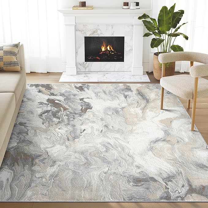 Abani Regal Beige Grey Area Rug for Living Room, Bedroom - Swirl Abstract Pattern - 6' x 9' - Durable & Easy to Clean Washable