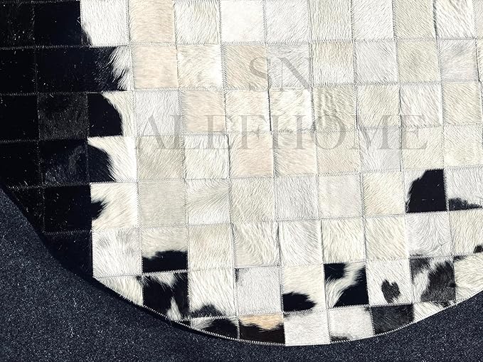 Round Geometric Patchwork Cowhide Leather Area Rug | Washable Non-Slip Carpet for Living Room, Bedroom & Home Décor(6x6 ft_White & Black)