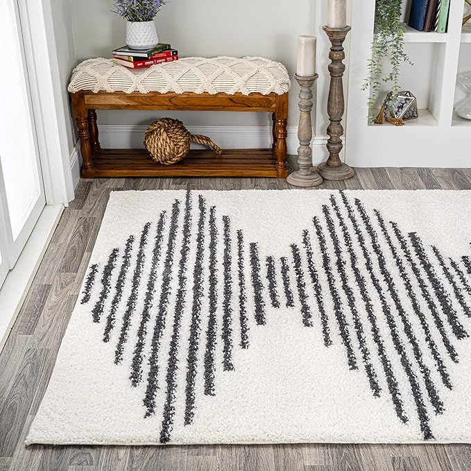 JONATHAN Y Elm Diamond Stripe Shag White/Gray Indoor Area Rug, 3x5, Geometric, Bohemian, Contemporary, Easy-Cleaning for Living Room, Bedroom, Kitchen, Pet Friendly, Non-Shedding (MOH408A-3)