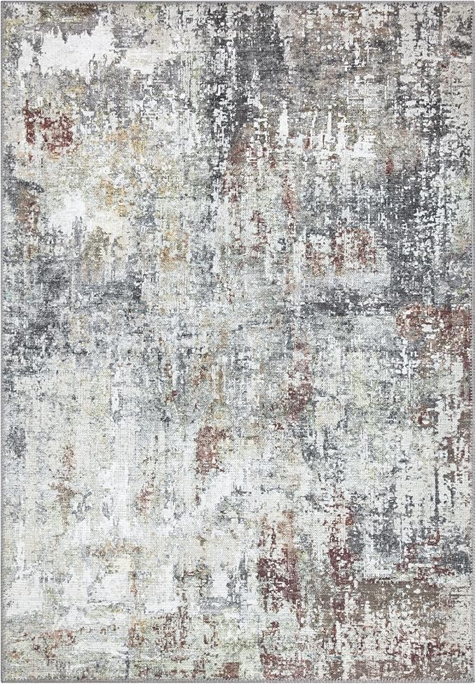 Bloom Rugs Washable Non-Slip 5' x 7' Rug - Gray/Red/Brown Modern Abstract Area Rug for Living Room, Bedroom, Dining Room, and Kitchen - Exact Size: 5' x 7'