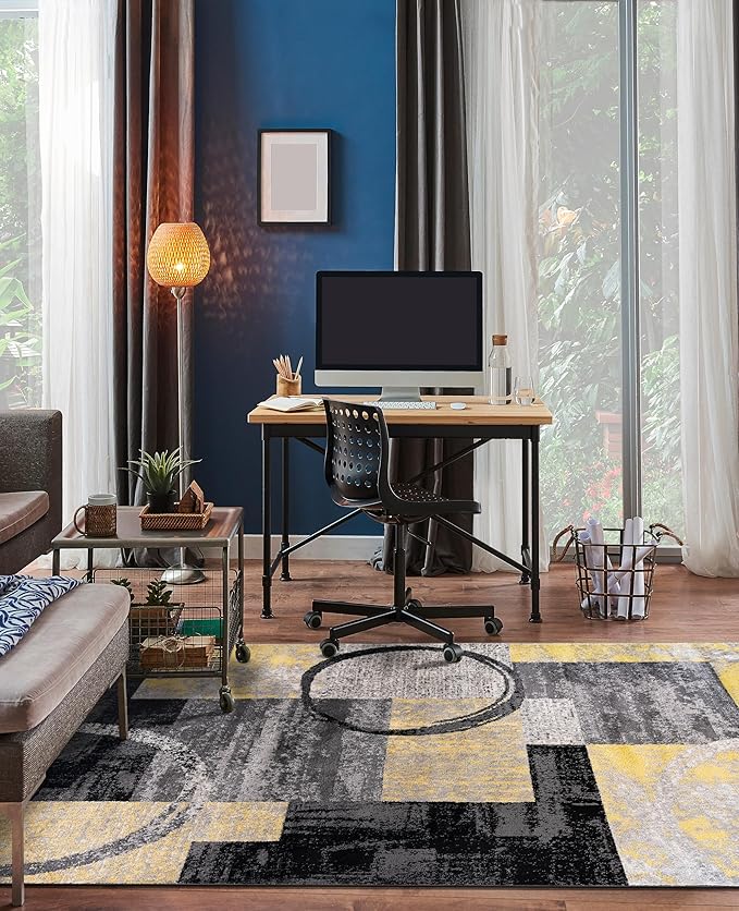 Rugshop Contemporary Circle Design Area Rug, Non-Shedding Carpet for Living Room, Large Bedroom, or Office, Yellow, 8'8" x 12'