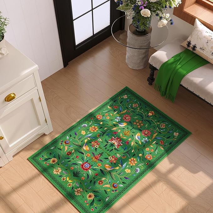 Vintage Medallion Floral Indoor Door Mat 2x3, Machine Washable Entryway Rug, Low Pile Soft Small Carpet, Non-Slip Area Rug for Entrance, Bedroom, Kitchen & Kids Room | Green