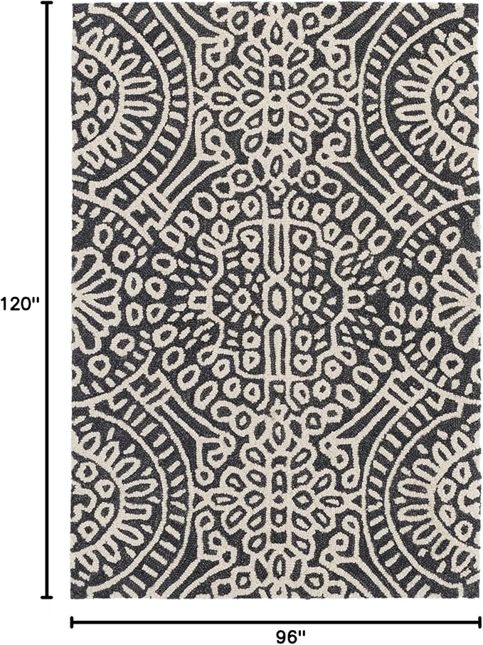 Dash & Albert Temple Charcoal Hand Micro Hooked Wool Rug, 7.5 X 9.5 Feet, Grey Geometric Pattern