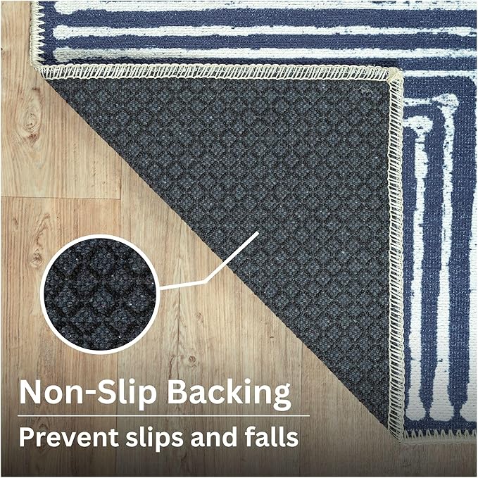 Bloom Rugs Washable Non-Slip 6' x 9' Rug - Blue Striped Area Rug for Living Room, Bedroom, Dining Room, and Kitchen - Exact Size: 6' x 9'