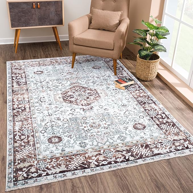 Bloom Rugs Caria Washable Non-Slip 3x5 Rug - Beige/Brown Traditional Area Rug for Living Room, Bedroom, Dining Room, and Kitchen - Exact Size: 3' x 5'