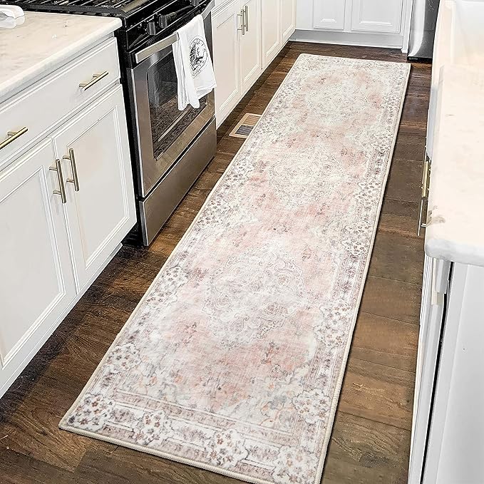 MUJOO Hallway Runner Rug 2'x8' Pink Long Rug Runners Boho Machine Washable Non Slip Carpet for Entryway Kitchen Bathroom Bedside Retro Soft Low-Pile Blossom
