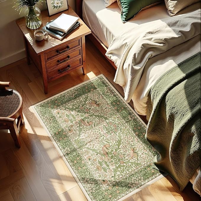 2x3 Floral Washable Area Rug for Entryway, Vintage Boho Rugs for Living Room Bedroom Dining Room, Botanical Birds Non Slip Low Pile Forest Animal Throw Carpet for Farmhouse Office, Retro Pink/Green