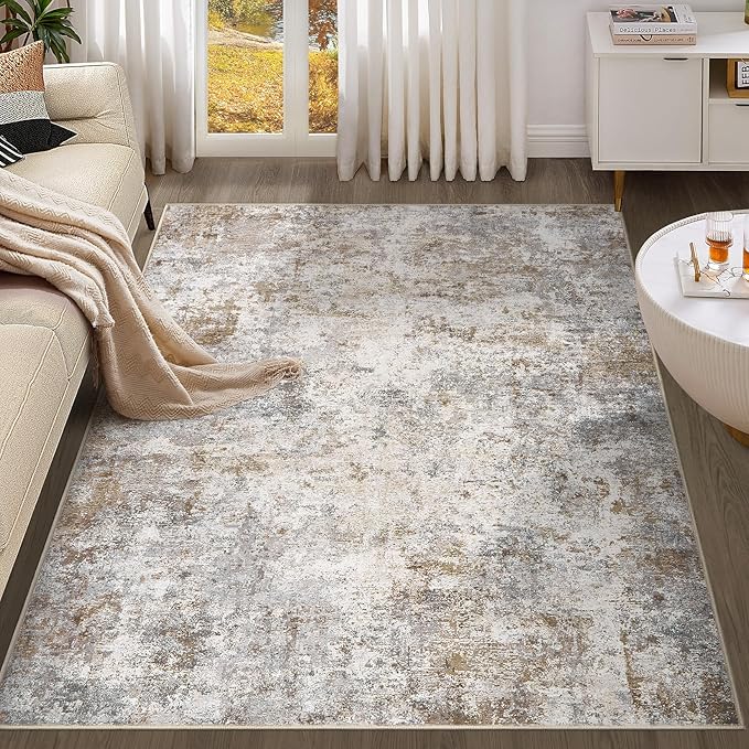 4x6 Area Rug Living Room Rugs - Washable Neutral Modern Abstract Soft Thin Rug Indoor Floor No Slip Rug Carpet for Bedroom Under Dining Table Home Office Decor - Brown Grey