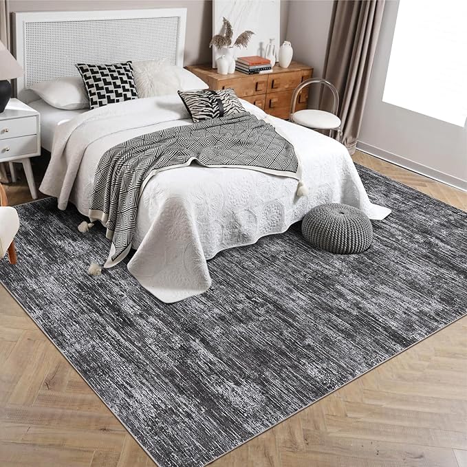 RUGSREAL 8x10 Washable Rug for Living Room Non-Slip Modern Abstract Area Rug Stain Resistant Large Bedroom Rug Contemporary Accent Throw Floor Carpet Solid Rug for Dining Room Home Decor, Dark Grey