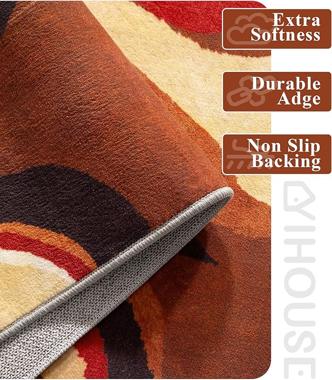 YIHOUSE Burnt Orange Rug 2x3 Washable,Farmhouse Brown Retro Carpets,Geometric Abstract Wavy Rug for Bedroom,Unique Colorful Rugs for Living Room,Dining Room,Bedside Rugs