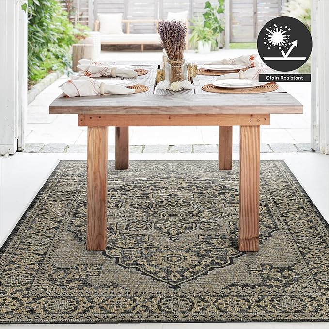 FH Home Flat Woven Outdoor Rug - Waterproof, Easy to Clean, Stain Resistant - Premium Polypropylene Yarn - Vintage - Patio, Deck,Porch,Balcony,Laundry - Ankara - Charcoal - 3ft 11 in x 5ft 6in