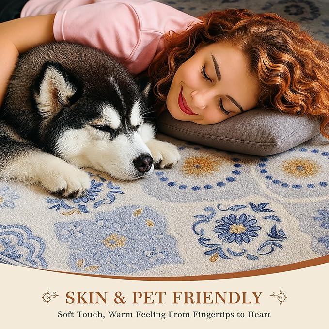 EnHomee 8x10 Area Rug, Soft Washable Rugs for Living Room Bedroom, Boho Non Slip Low Pile Stain Resistant Washable Rug Large Area Rugs for Dining Room,Easy to Clean Living Room Rug, Blue