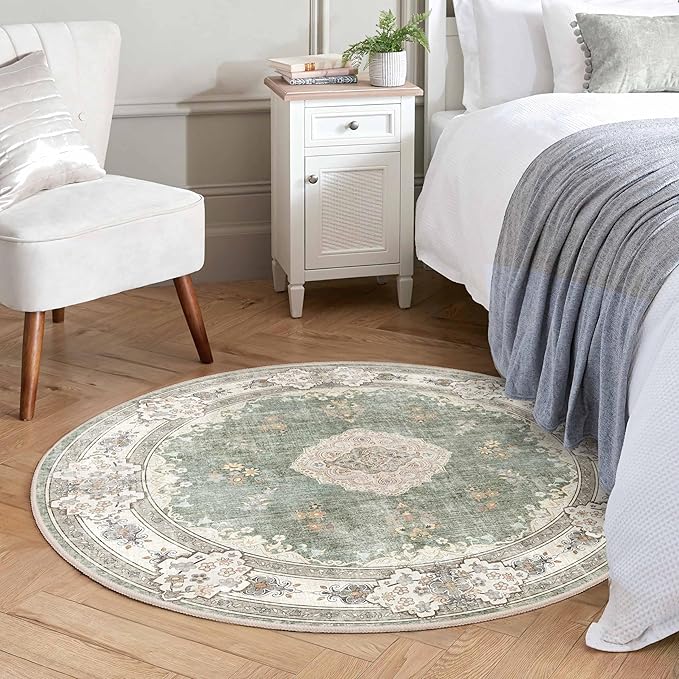 MUJOO Green Round Rug 4ft,Circle Washable Area Rugs for Bedroom Living Room Bathroom,Boho Small Non Slip Circular Carpet,Sage Floral