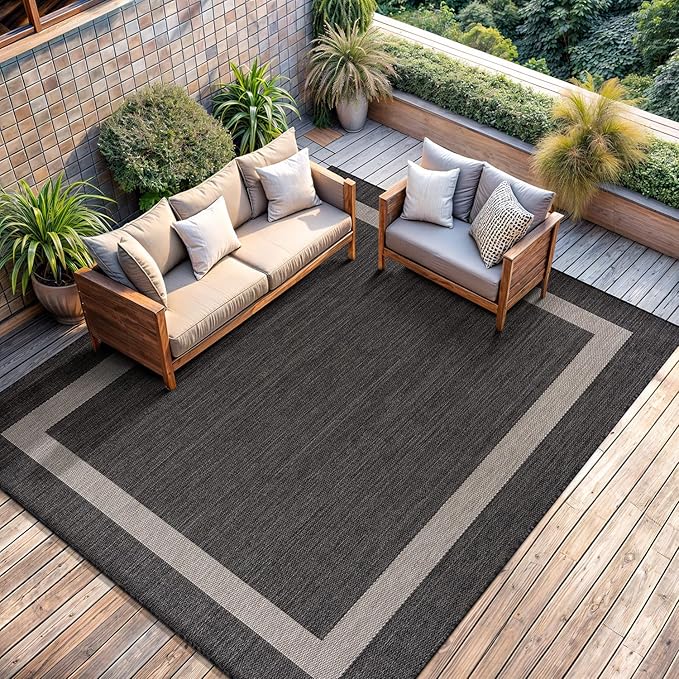 CAMILSON Outdoor Rug 6x9,Modern Outside Rugs for Patios Porches Waterproof Durable Washable Non-Shedding, Easy-to-Clean Indoor Outdoor Area Carpet (6 x 9, Bordered - Dark Gray/Light Gray)