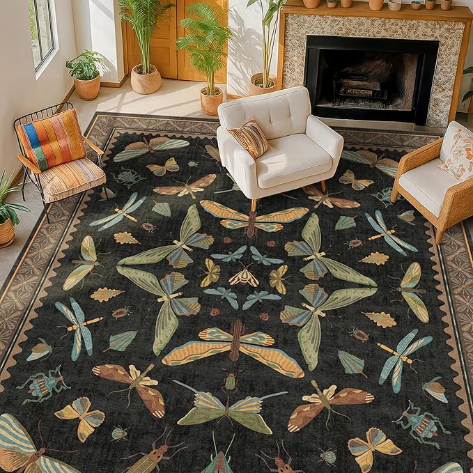 Black Washable Insect Area Rugs 8x10 for Living Room, Bedroom, Dining Room Under Table, Playroom, Large Dark Whimsical Boho Indoor Rug, Ultra Soft Low Pile Non Slip