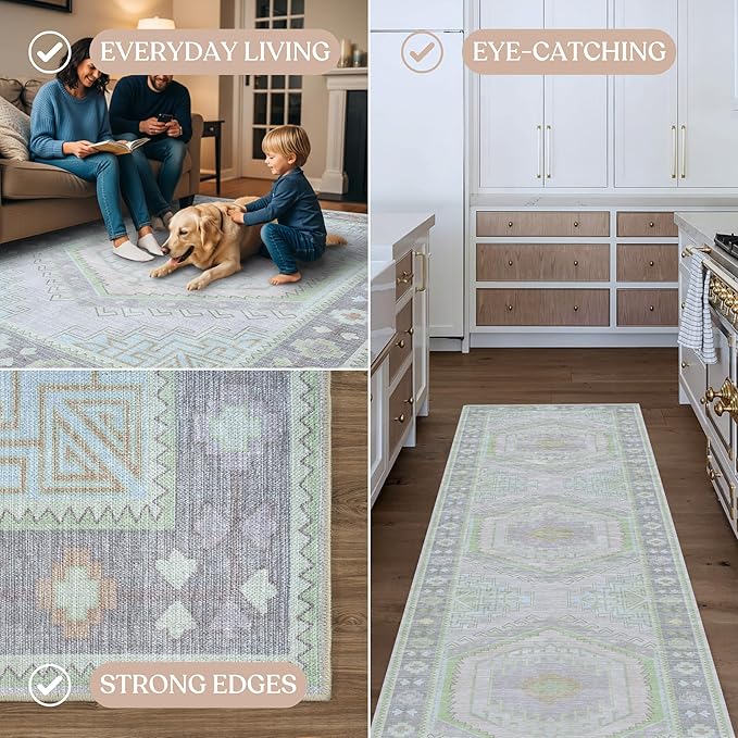 Fame Living Washable Area Rug. Modern Farmhouse. Vintage. Turkish. Bohemian. Distressed. Oriental. Traditional. Rugs for Living Room. Dining. Bedroom. Office. Entryway. Foyer. (856GrnCrm, 2'5" x 4'9")