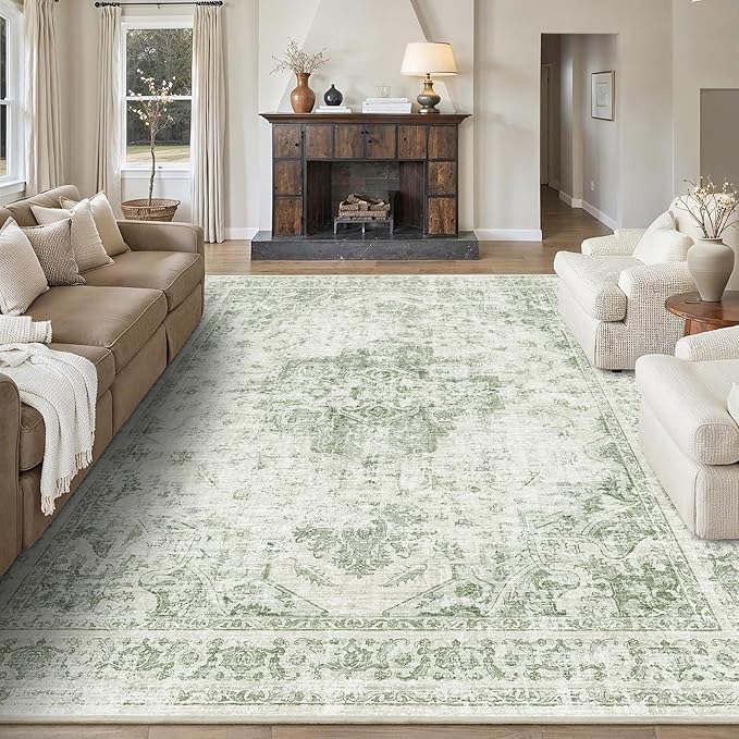 9x12 Vintage Washable Area Rugs Boho Medallion Large Distressed Retro Accent Carpet Floral Non-Slip Soft Low Pile Indoor Throw Rug for Living Room Bedroom Dining Room Office Kitchen, Green