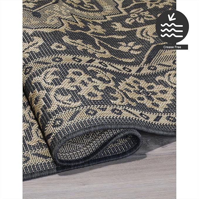 FH Home Flat Woven Outdoor Rug - Waterproof, Easy to Clean, Stain Resistant - Premium Polypropylene Yarn - Vintage - Patio, Deck,Porch,Balcony,Laundry - Ankara - Charcoal - 3ft 11 in x 5ft 6in