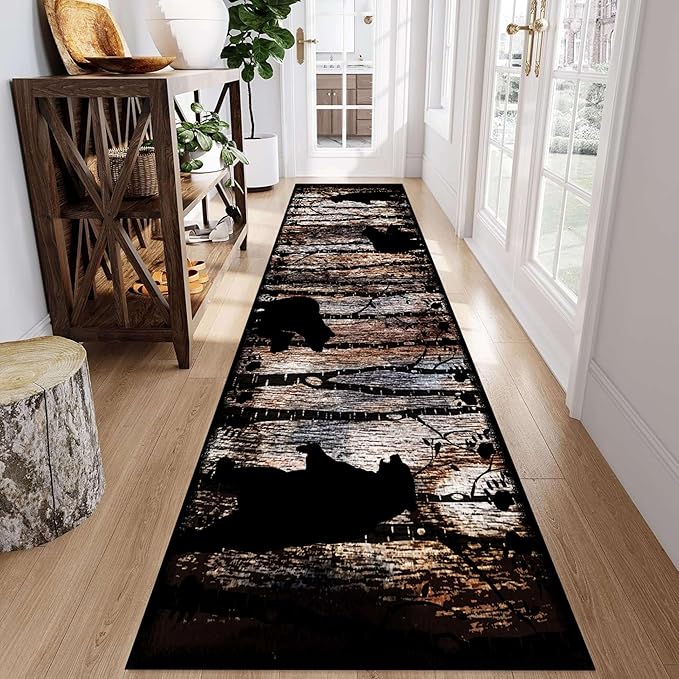 Wildlife Bear Runner Rug, 4x12ft, Vintage Wood Grain Wild Animal Black Bear Corridor Carpet, Non-Slip Washable Long Runner Rug for Farmhouse, American Country Wood Floor Entrance Rug Door Mat