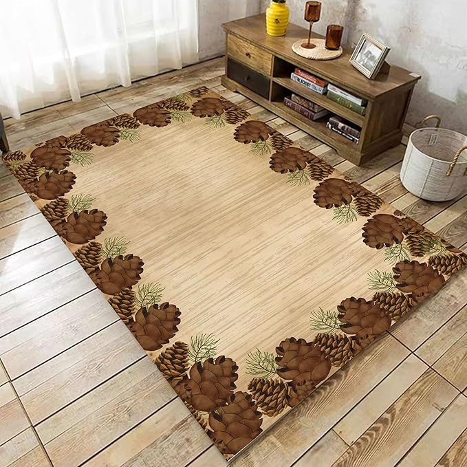 Rustic Lodge Brown Area Rug 3x5ft Pine Cone Leaf Botanical Print Home Decor Non Slip Washable Rug Pine Cones Area Rug Low Pile Thin Indoor Throw Carpet Rug for Laundry Dining Room Office
