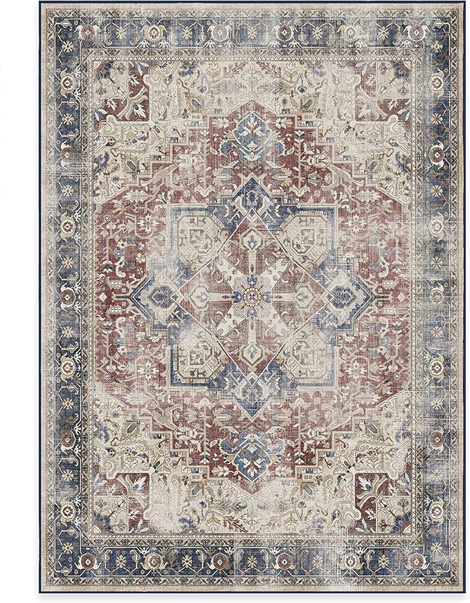 RUGGABLE Washable Vintage Area Rug – Kamran Royal Blue 5x7, Stain-Resistant, Non-Slip – Medium Machine Washable Rugs for Living Room, Bedroom, Hallway, Entryway & Office–with Cushioned Pad