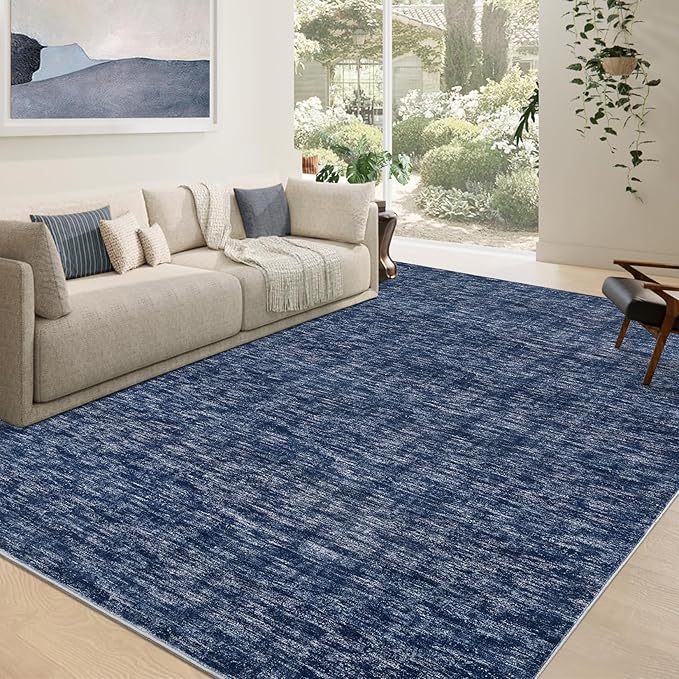 RUGSREAL Washable Area Rug for Bedroom 5x7 Contemporary Dining Room Throw Rug Low-Pile Solid Modern Rug Non-Slip Stain Resistant Home Office Solid Rug for Living Room Bedroom Kids Room, 5' x 7' Blue