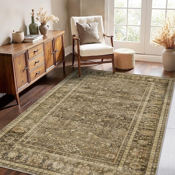 HelloTree Vintage Area Rug 3x5 Brown Entryway Office Washable Carpet Non Slip Backing Printed Distressed Rugs for Bedroom Vintage Boho Tribal Area Rugs for Bathroom Bedroom Dining Living Room-Brown