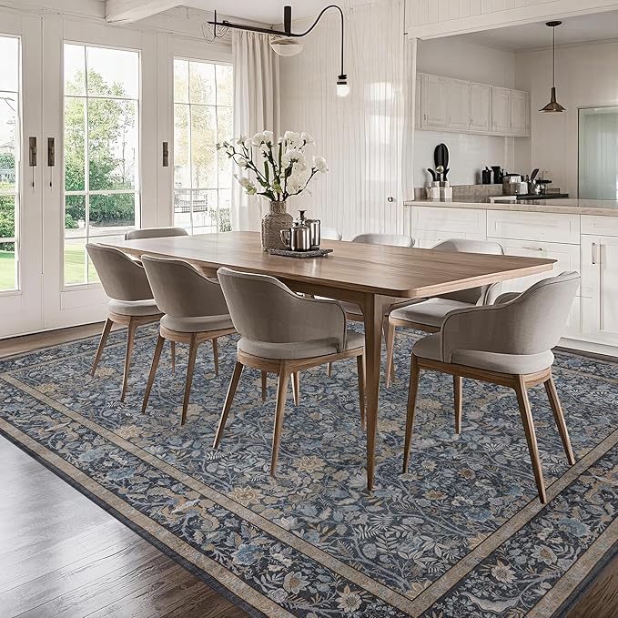 Washable Living Room Rug: 9x12 Boho Floral Soft Area Rug for Bedroom Decor - Vintage Low Pile Thin Carpet for Dining Room Non-Slip - Farmhouse Stain Resistant Rugs - Slate Blue