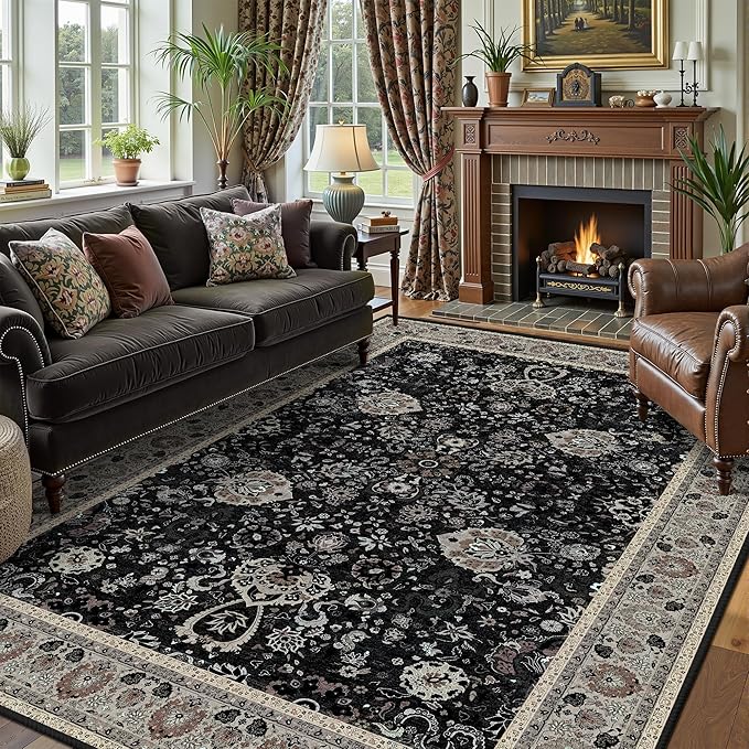 Deerly 6x9 Vintage Rugs for Dining Room, Washable Rugs Non Slip Large Area Rug for Living Room Bedroom Office, Floor Decoration Big Rug Mat Low-Pile Kid & Pet Friendly(Blcak Navy Multi