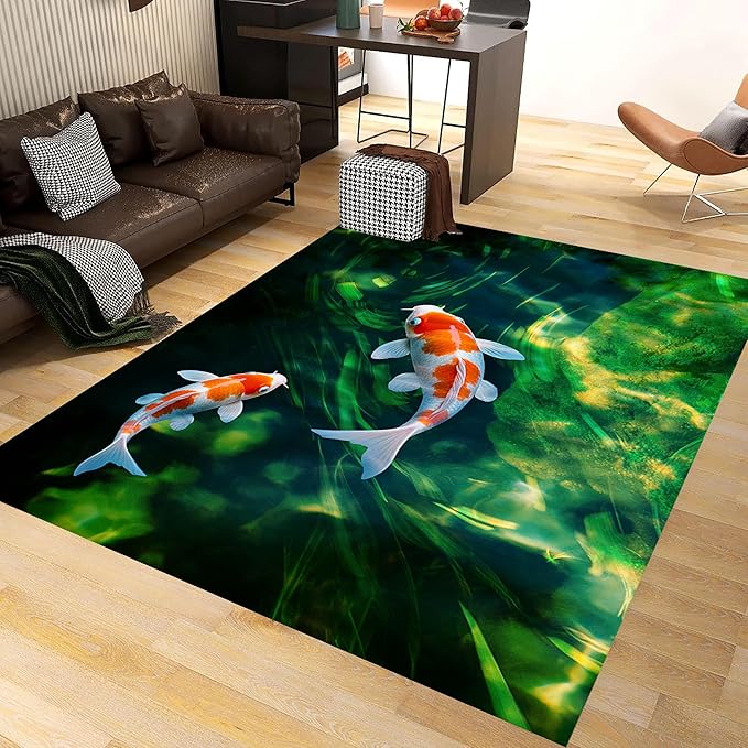 Green Pond Koi Fish Area Carpet, 5x7ft, 3D Realistic Underwater Koi Printed Carpets, Chinese Natural Landscape Soft Low Pile Rug, with Non Slip Backing Pet Friendly Rugs for Entryway