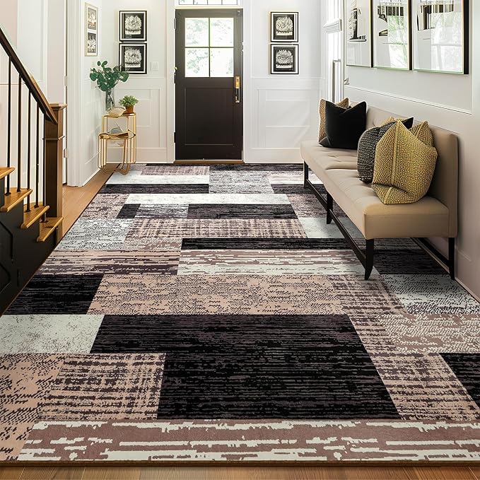 Large Area Rugs,Modern Geometric Patchwork Floor Decor for Bedroom Aesthetic Carpet, Rockwood Collection, Indoor Rugs for Living Room Dining Room Nursery Office Machine Washable Rug, 5x8 Ft Chocolate