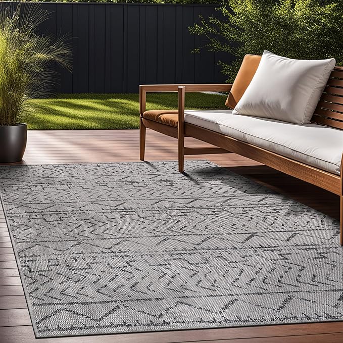 Beverly Rug Waikiki Indoor Outdoor Rug 5x7, Washable Outside Carpet for Patio, Deck, Porch, Trellis Area Rug, Water Resistant, Dark Grey - Light Grey